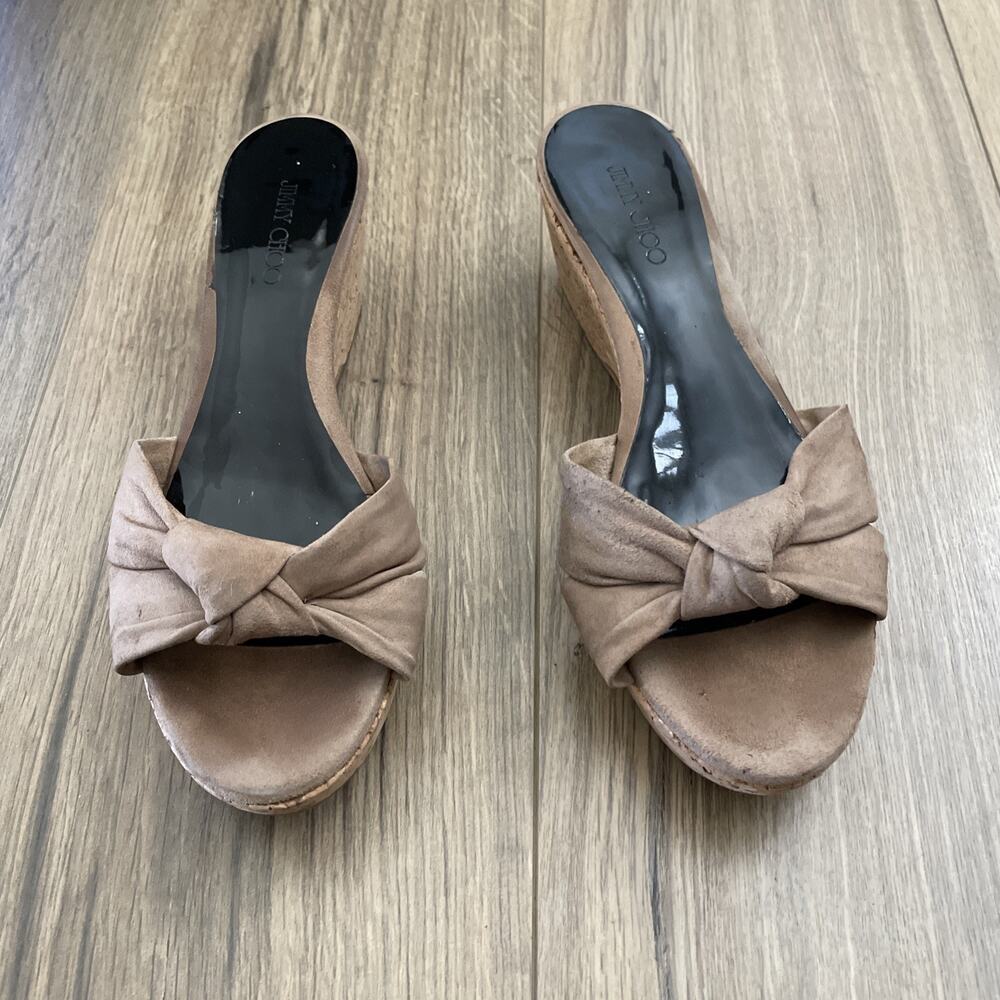 JIMMY CHOO 40 Avenue Nude Beige Suede Cork Wedge Slide Sandals US 10